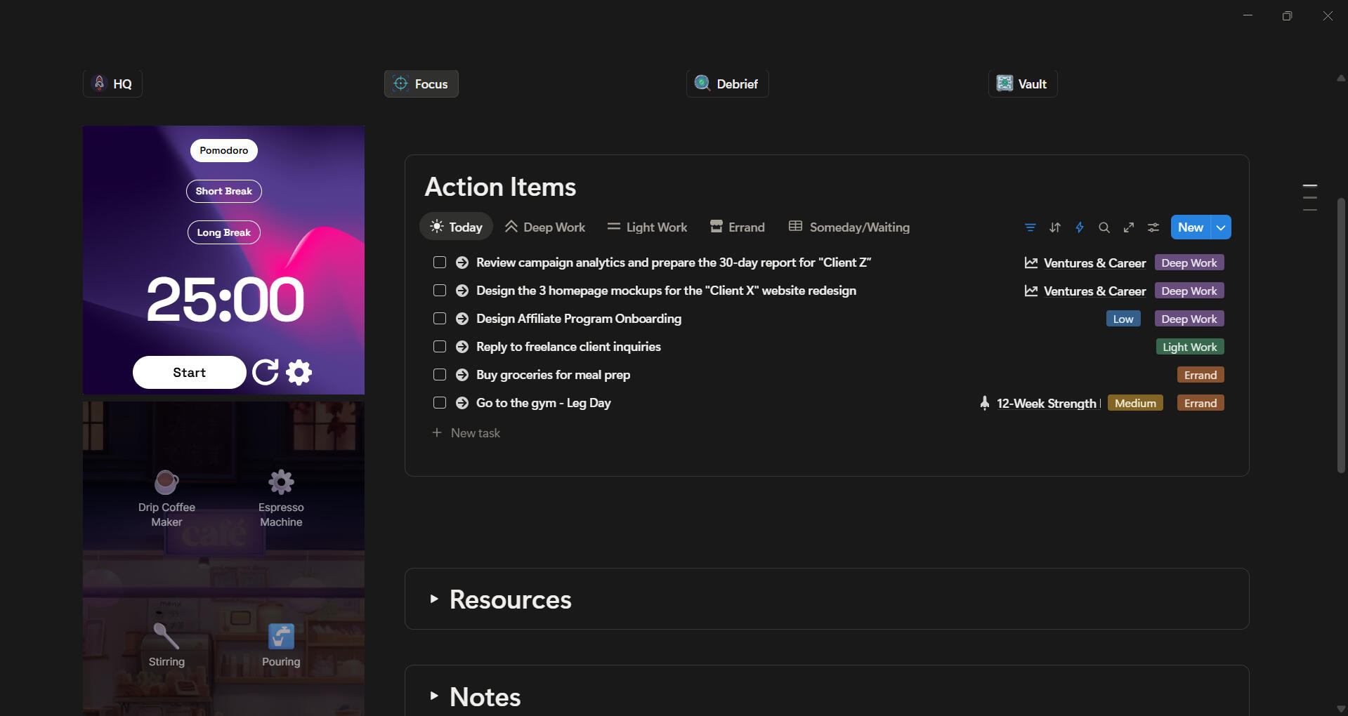 The notivance 'Focus' hub, showing a Pomodoro timer next to a daily task list.