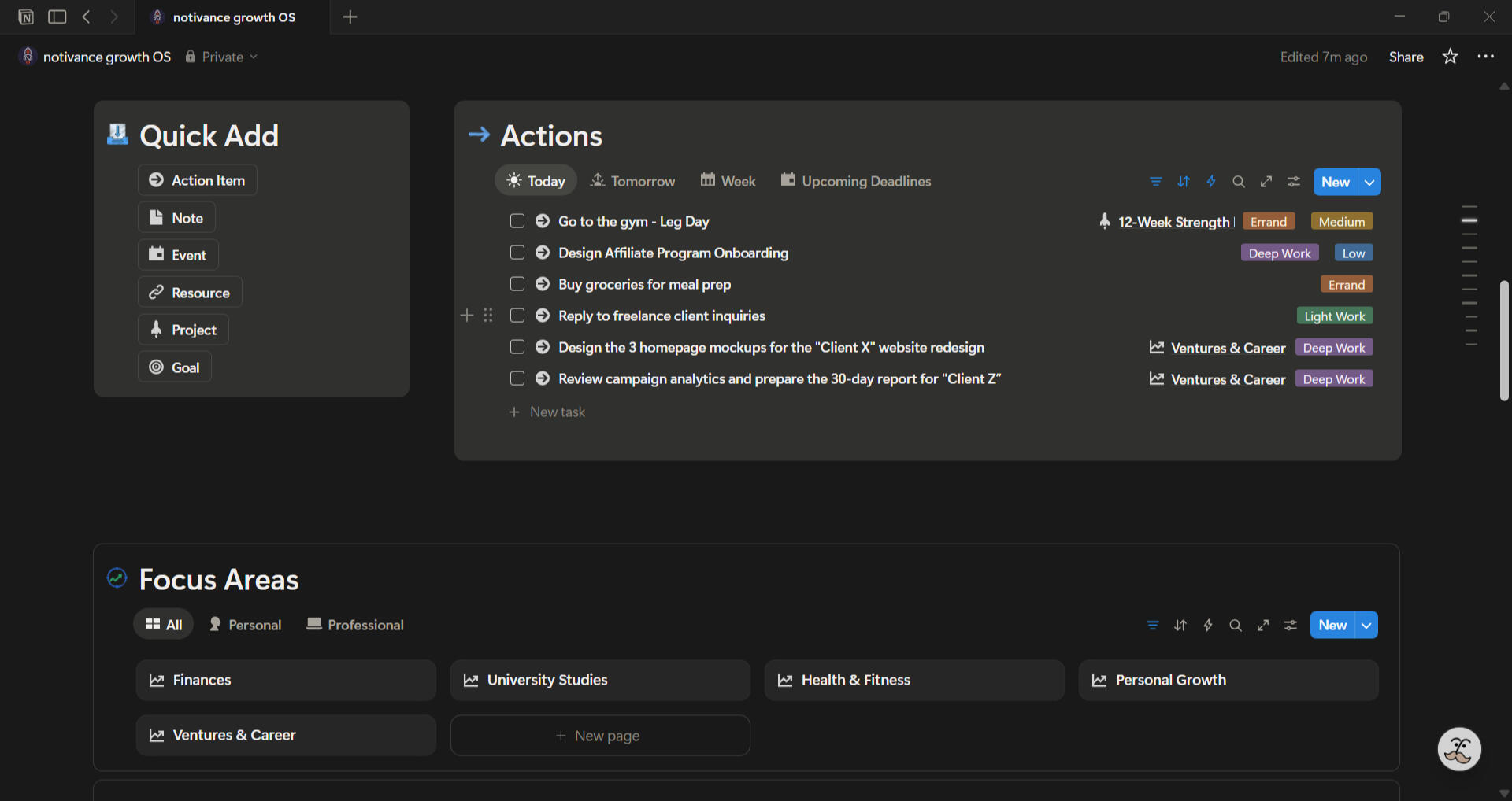 The notivance growth OS 'HQ' dashboard, showing the 'Quick Add' , 'Action Items' and Focus Areas sections.